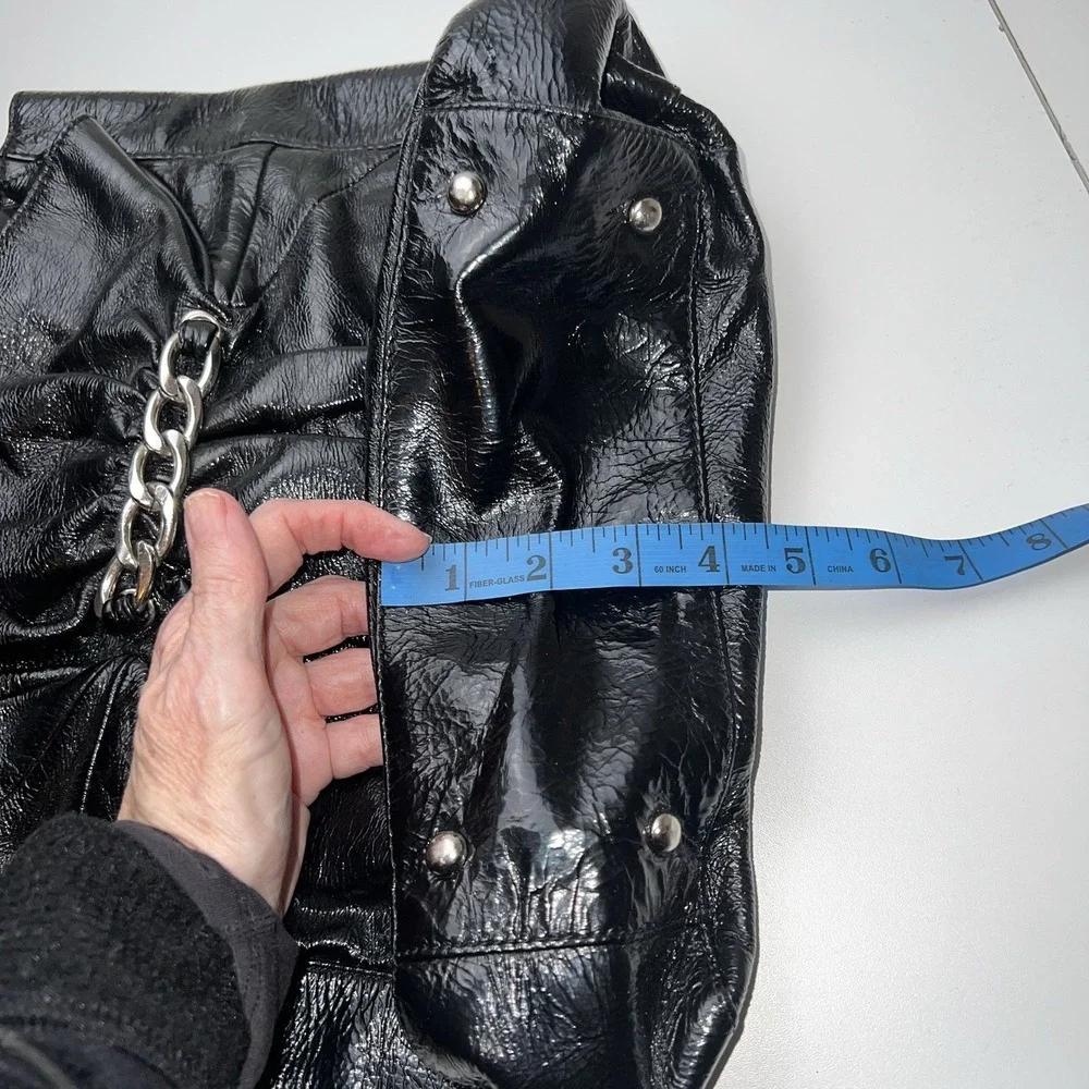 Nine West Black Patent Leather 2 Twist Handle  Purse Handbag With Chain Detail